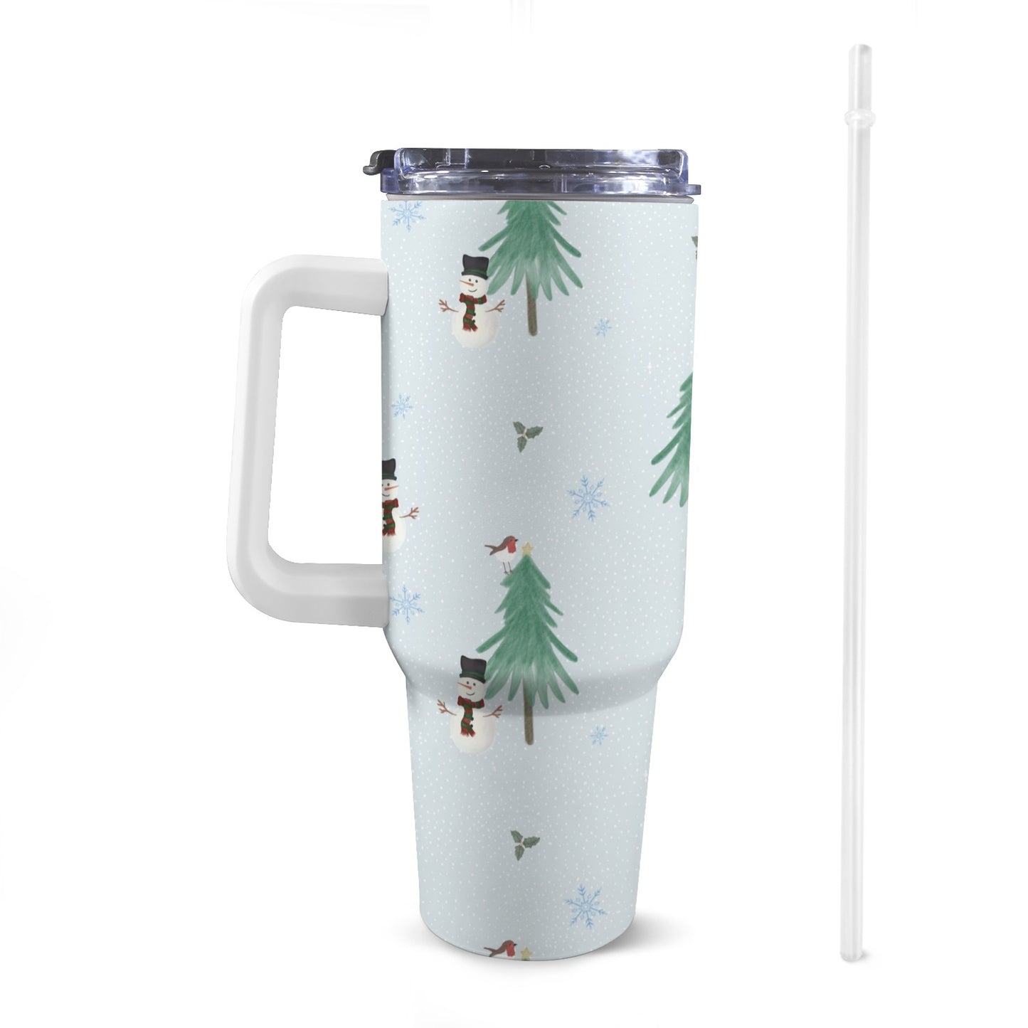 Front view of 40oz Christmas-themed Stanley-style tumbler featuring a snowy, icey festive pattern.