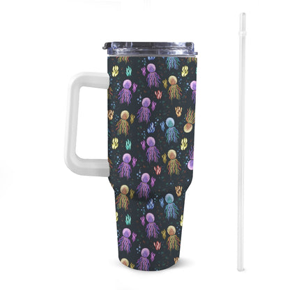 Front view of 40oz underwater Stanley-style tumbler with a white handle, featuring exclusive colourful patterns