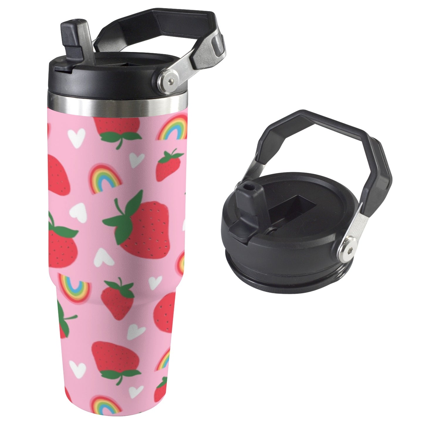 Top-down view of 30oz insulated water bottle with flip straw lid and double-wall insulation, available in pink strawberry.