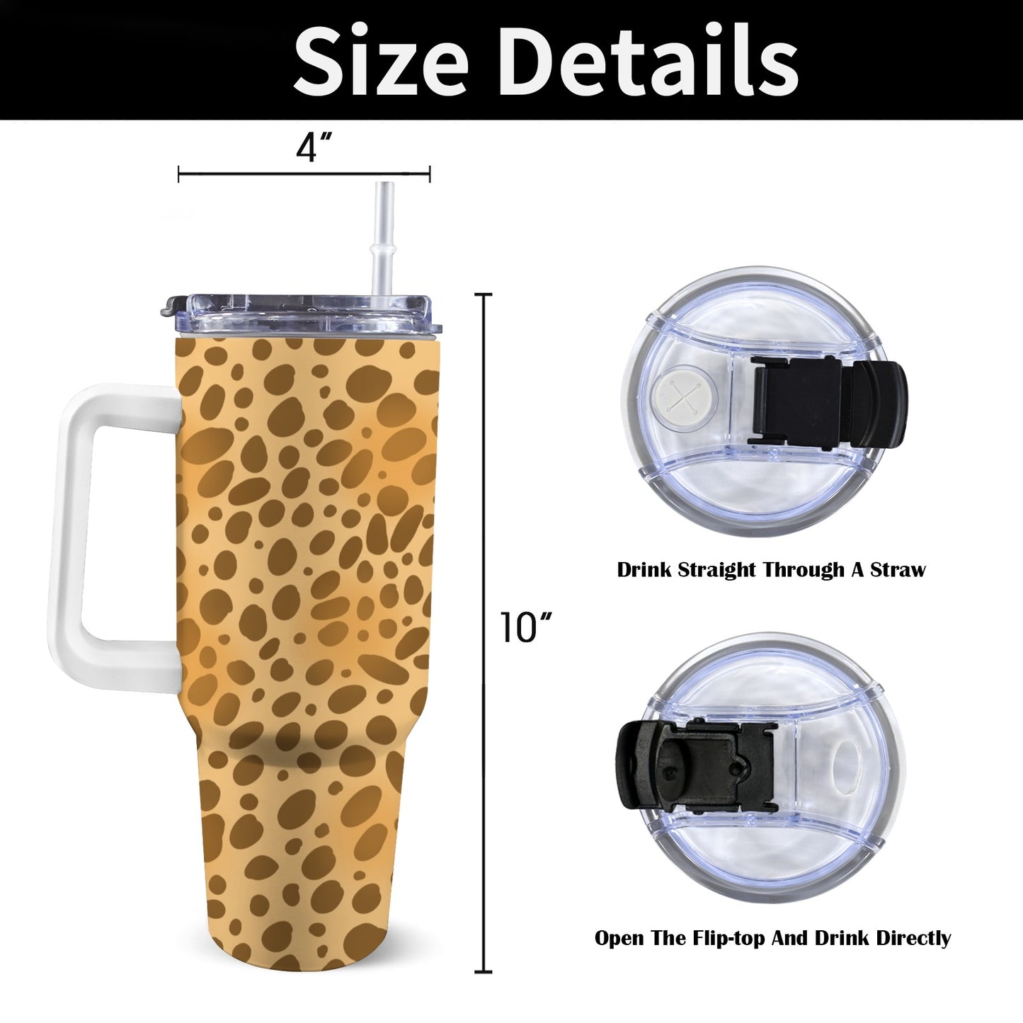 op view of 40oz tumbler with flip-top cap and straw for dual drinking options