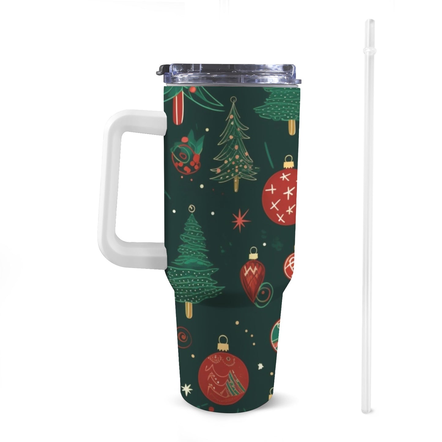 Front view of 40oz Christmas-themed Stanley-style tumbler featuring a traditional, colorful festive pattern.