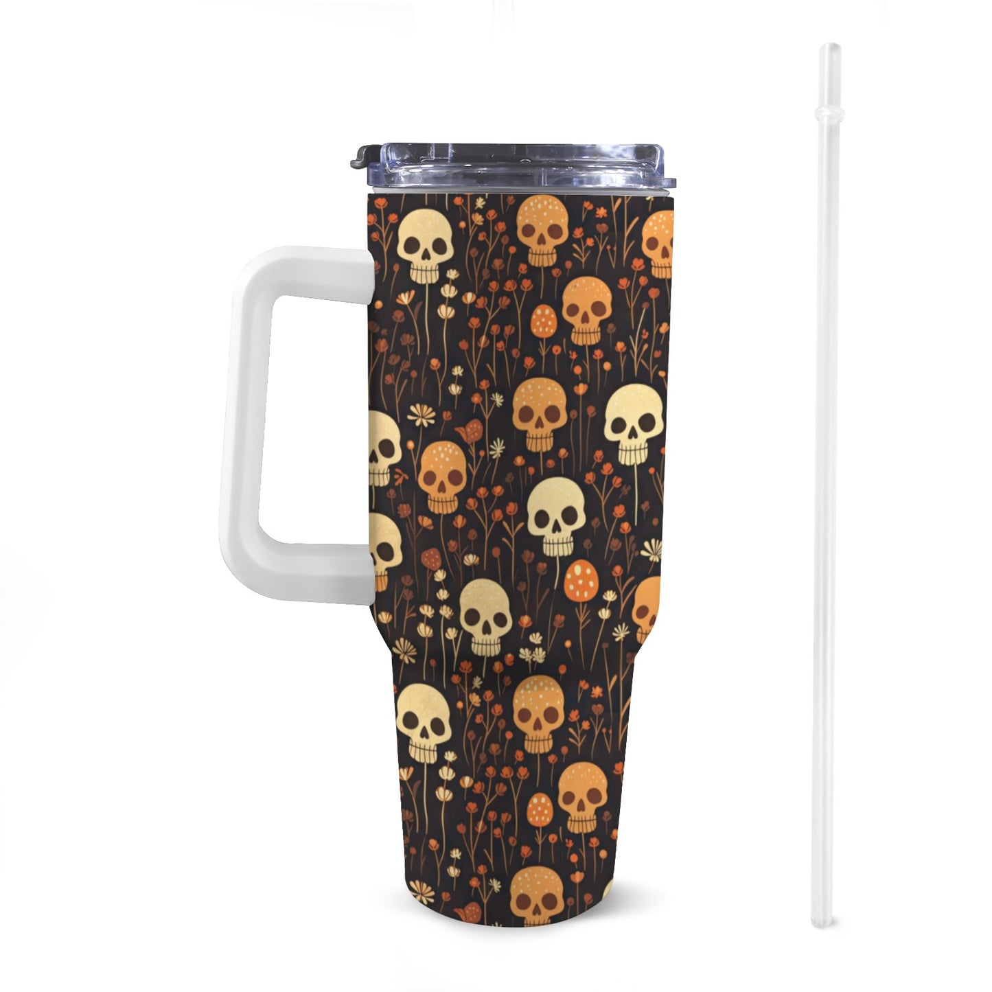 Front view of 40oz halloween Stanley-style tumbler with a white handle, featuring exclusive colourful patterns.