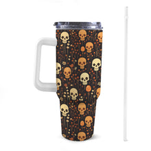 Carica l&#39;immagine nel visualizzatore di Gallery, Front view of 40oz halloween Stanley-style tumbler with a white handle, featuring exclusive colourful patterns.
