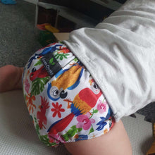 Load image into Gallery viewer, Cloth pocket nappies with hemp boosters in various vibrant colors, providing a sustainable way to keep babies comfortable and dry in a bright pink print with tropical birds
