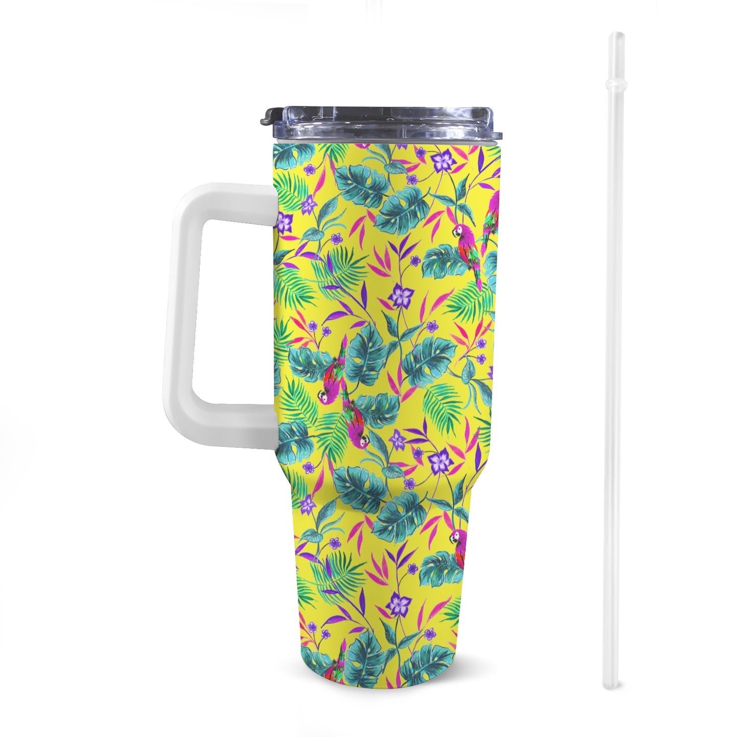 Front view of 40oz Tropical Birds Stanley-style tumbler with a white handle, featuring exclusive colourful patterns