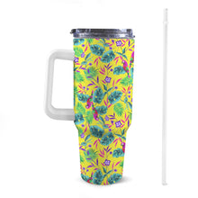 Load image into Gallery viewer, Front view of 40oz Tropical Birds Stanley-style tumbler with a white handle, featuring exclusive colourful patterns
