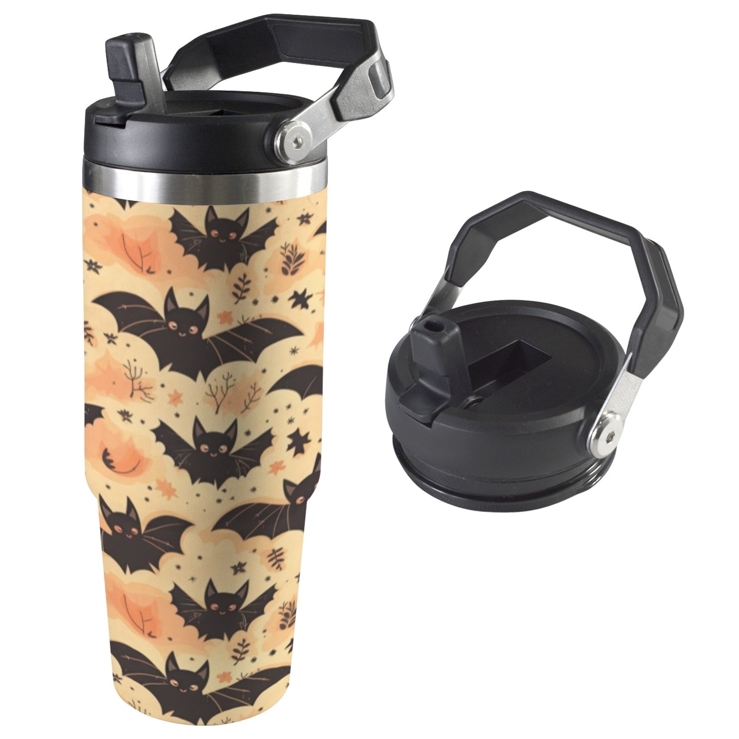 30oz stainless steel insulated water bottle with handle and straw in Batty Frights, featuring double-wall insulation for hot and cold drinks, perfect for work, gym, and travel.