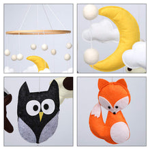 Load image into Gallery viewer, Close-up view of handcrafted woodland animals, including a fox, owl, deer, and bear, made from soft felt for the Woodland Baby Cot Mobile
