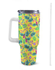 Extra Large Stainless Steel Insulated Travel Flask with Straw and Handle - Fun Patterns, Bold Colours - Green Cheeks - Travel Mug