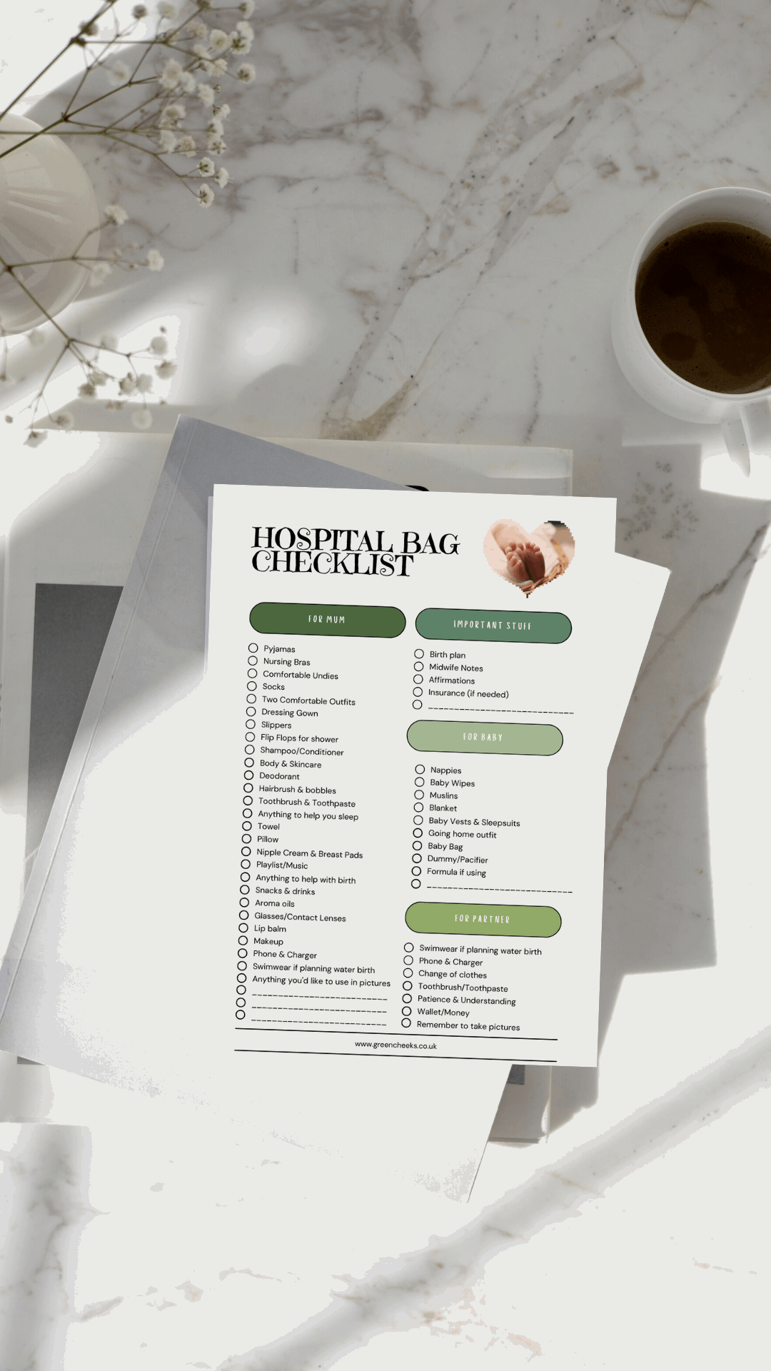 FREE DOWNLOAD. Giving Birth? Download Our Printable Hospital Bag Checklist - There's Also Reminders for Dad and Room to Add Your Own - Green Cheeks - Check List