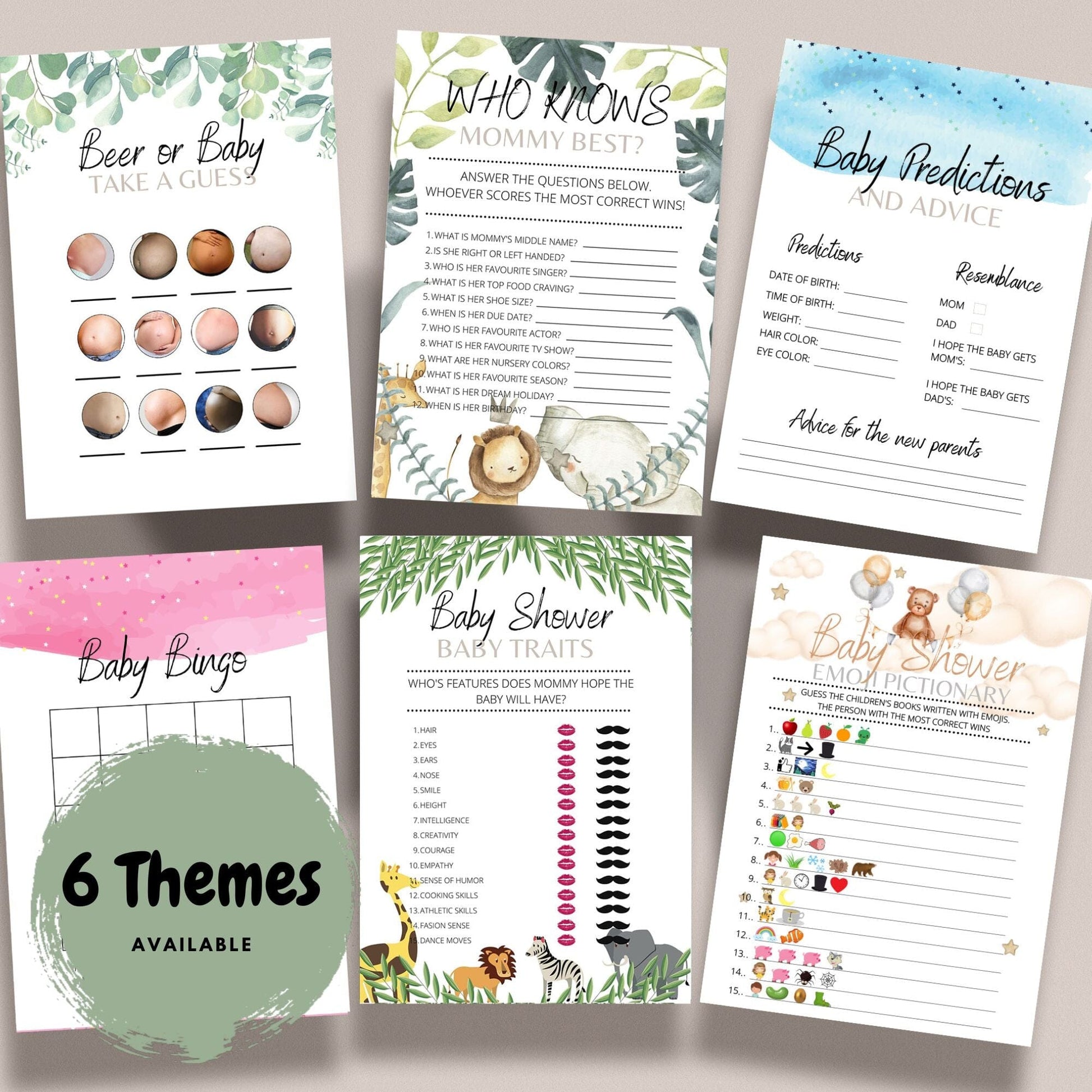 Gender Neutral Baby Shower Games Bundle | 6 Game Bundle - Green Cheeks - Baby Shower Gift