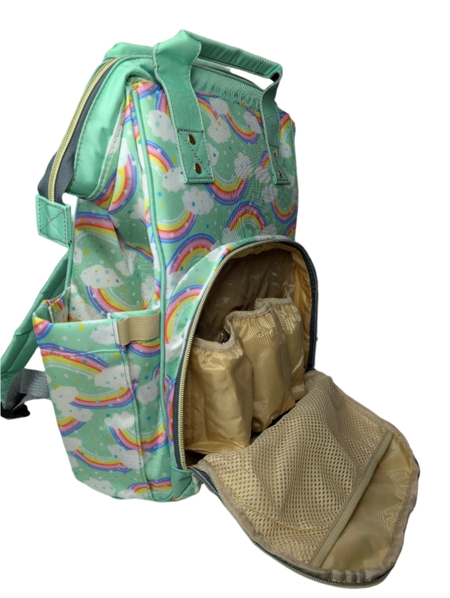 Green Baby Changing Nappy Bag - Happy Rainbow - Green Cheeks - Diaper Bag