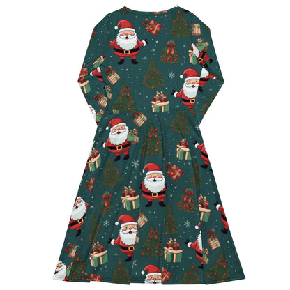 Santa Claus A-Line Midi Dress with Pockets  Womens Festive Long Sleeve Christmas Dress, Holiday Party Dress Available Plus Size