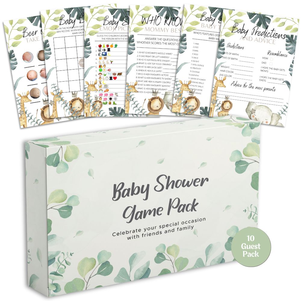 Jungle Theme Baby Shower Games | 6 Game Bundle - Green Cheeks - Baby Shower Gift