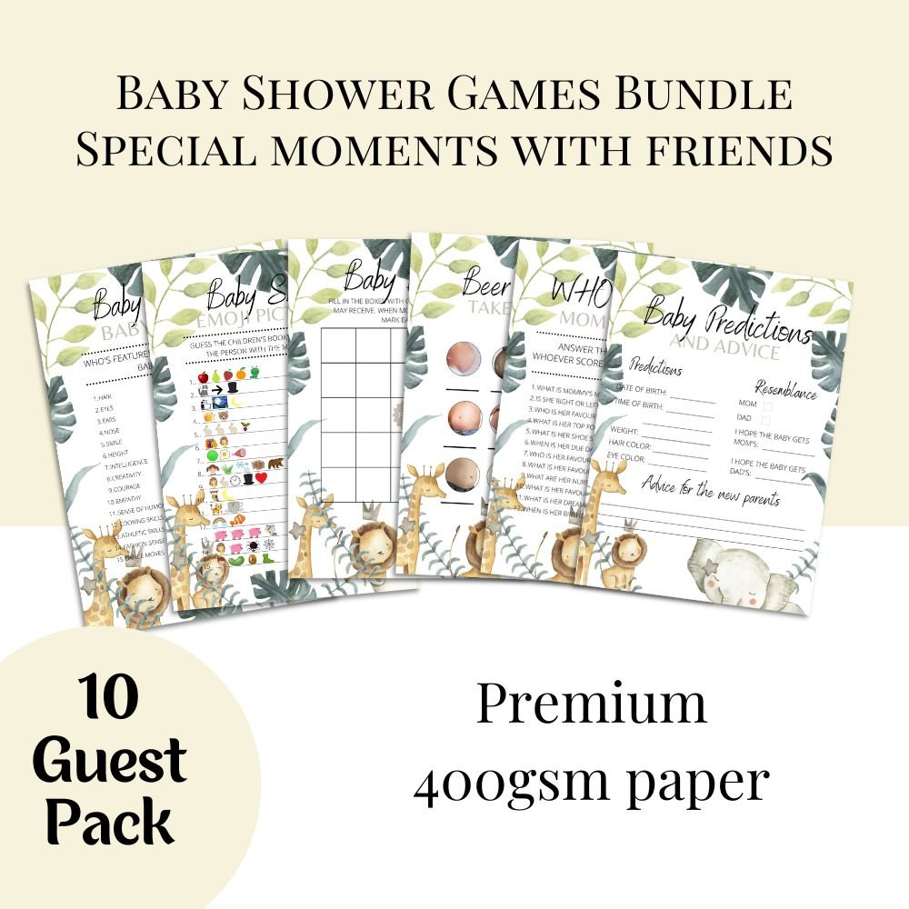 Jungle Theme Baby Shower Games | 6 Game Bundle - Green Cheeks - Baby Shower Gift