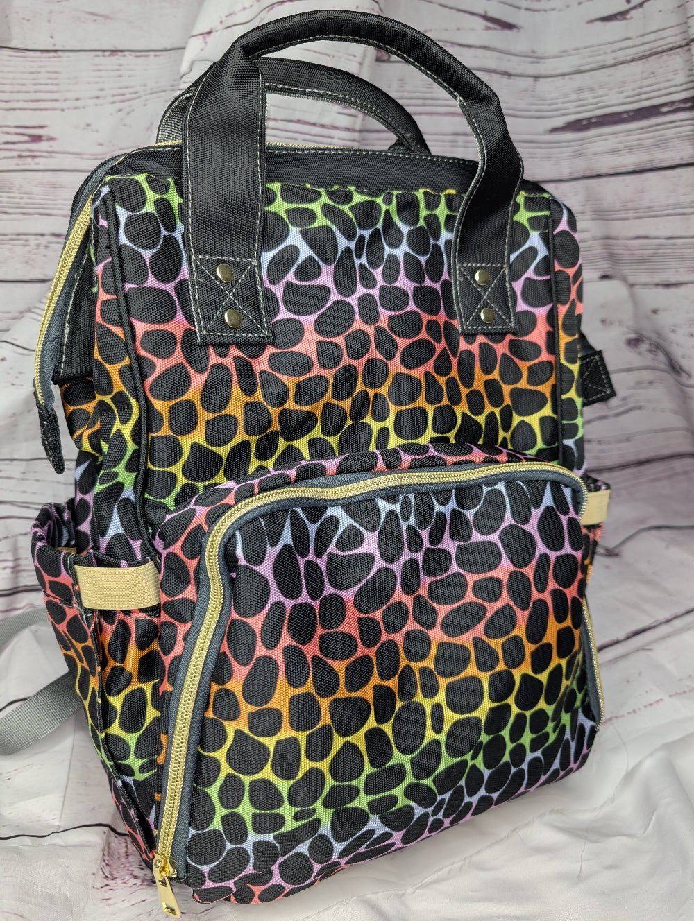 Leopard Print Multi - Function Baby Changing Backpack Bag - Rainbow Roar - Green Cheeks - Diaper Bag
