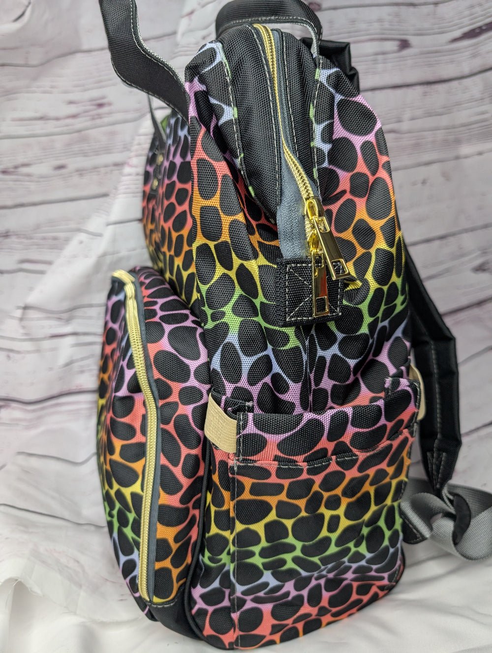Leopard Print Multi - Function Baby Changing Backpack Bag - Rainbow Roar - Green Cheeks - Diaper Bag