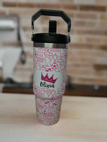Personalised Football Large Stainless Steel Water Bottle with Top Handle - Green Cheeks - Water Bottle