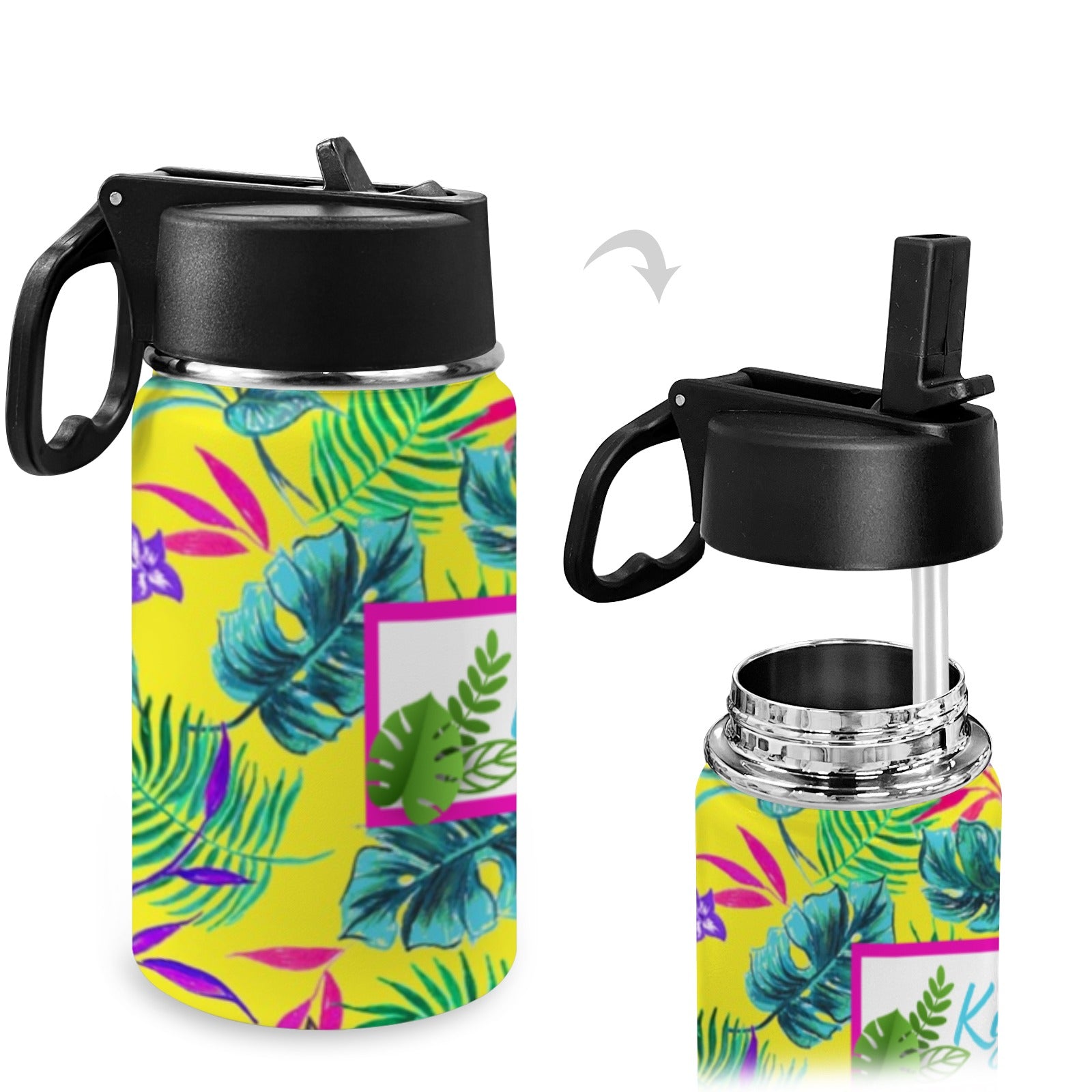 Personalised Stainless Steel Water Bottle with Handle, Straw &amp; Chug Spout - Unique Patterns I - Green Cheeks - Water Bottle
