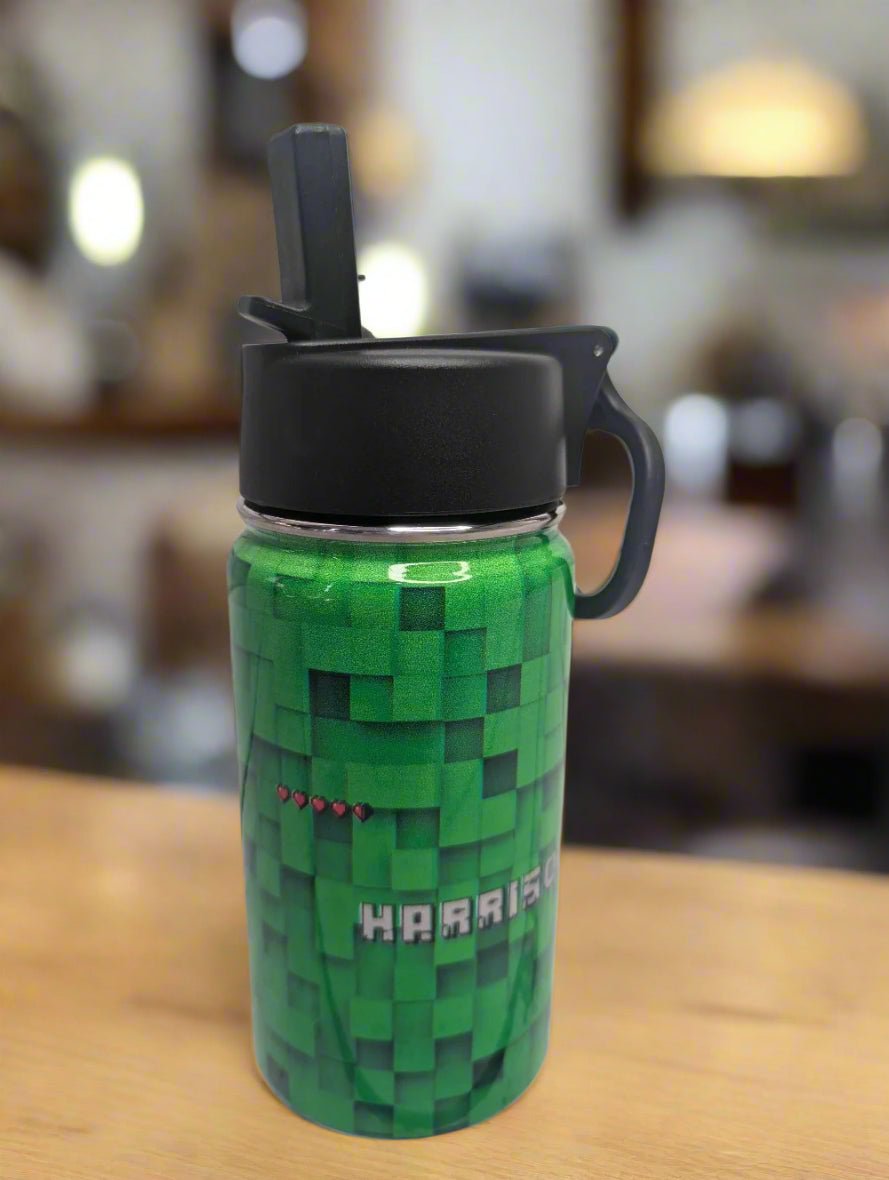 Personalised Stainless Steel Water Bottle with Handle, Straw & Chug Spout - Unique Patterns I - Green Cheeks - Water Bottle