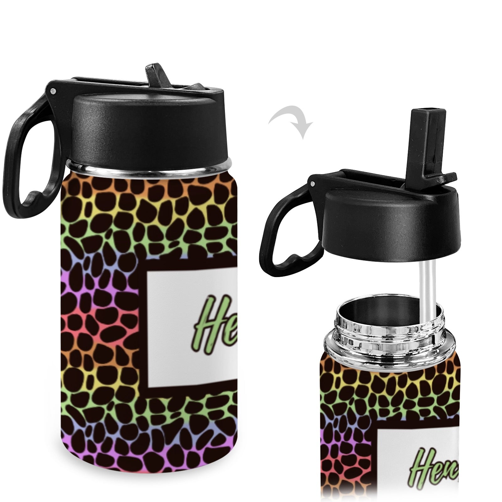 Personalised Stainless Steel Water Bottle with Handle, Straw &amp; Chug Spout - Unique Patterns I - Green Cheeks - Water Bottle