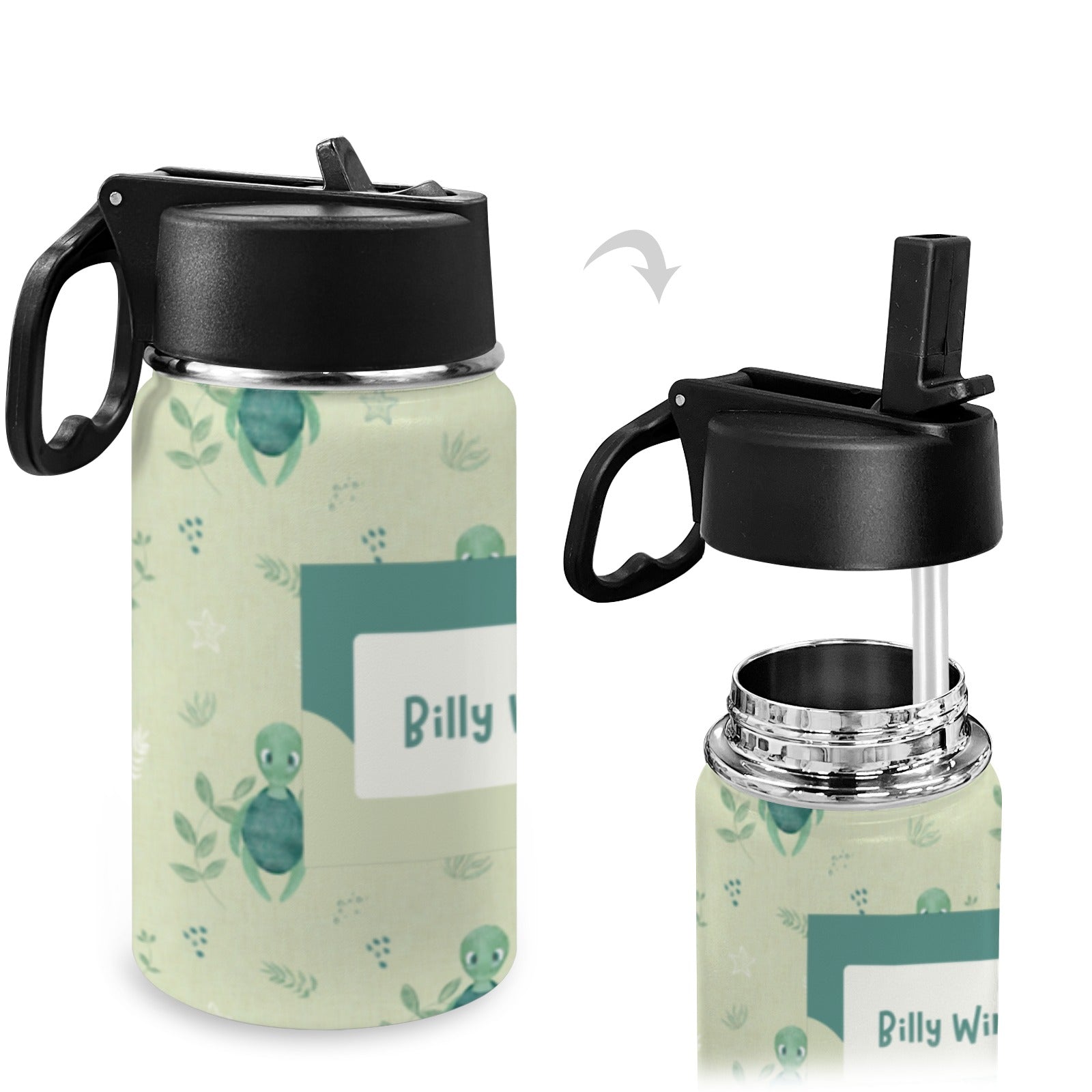 Personalised Stainless Steel Water Bottle with Handle, Straw &amp; Chug Spout - Unique Patterns I - Green Cheeks - Water Bottle