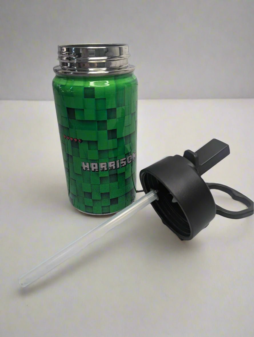 Personalised Stainless Steel Water Bottle with Handle, Straw &amp; Chug Spout - Unique Patterns I - Green Cheeks - Water Bottle