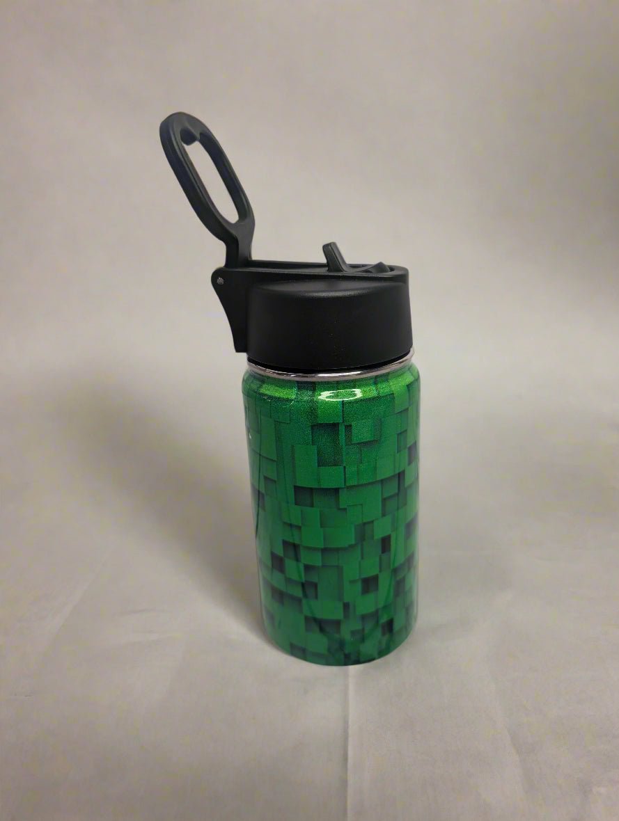 Personalised Stainless Steel Water Bottle with Handle, Straw & Chug Spout - Unique Patterns I - Green Cheeks - Water Bottle