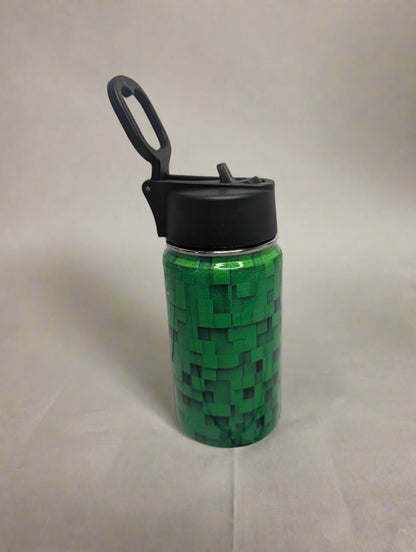 Personalised Stainless Steel Water Bottle with Handle, Straw & Chug Spout - Unique Patterns I - Green Cheeks - Water Bottle