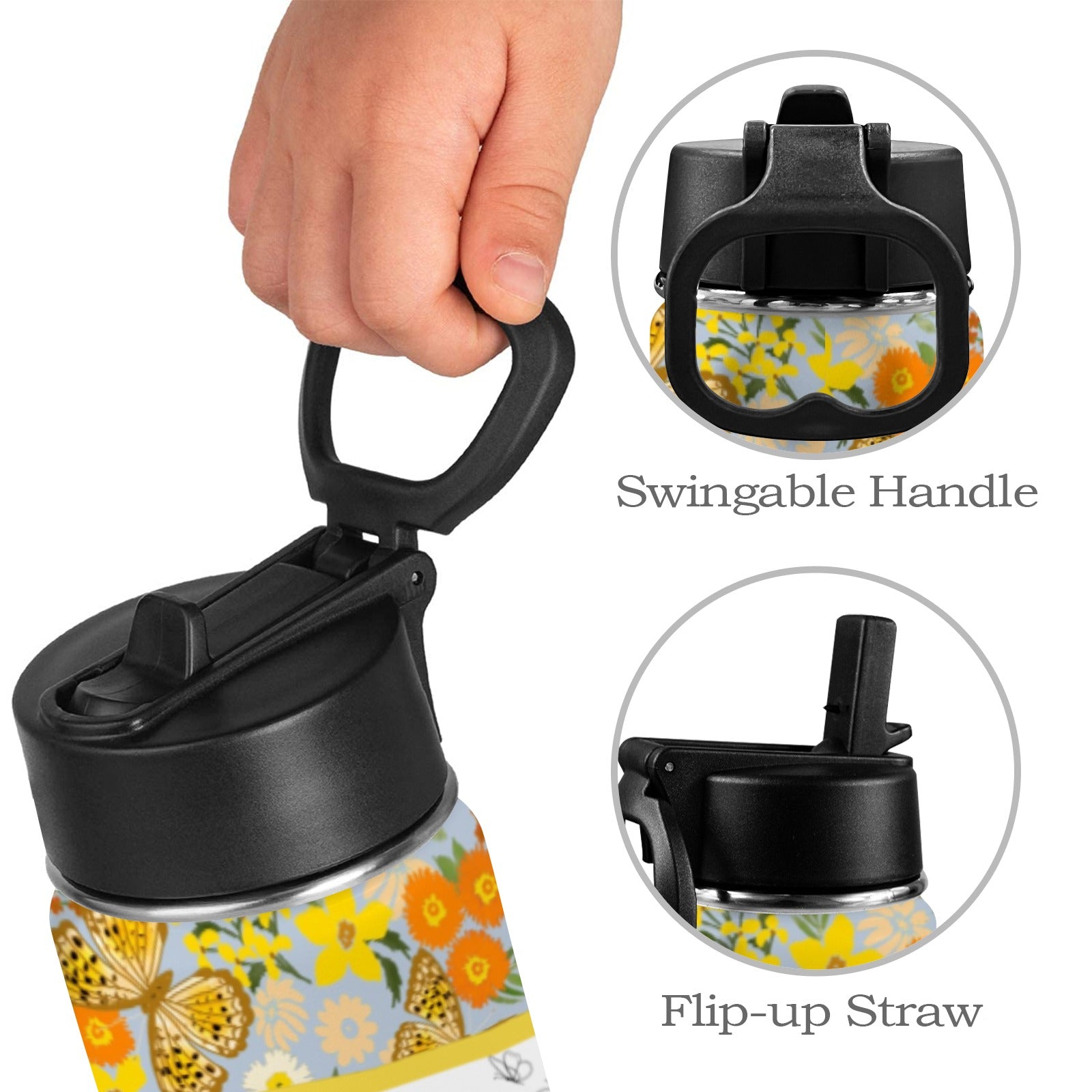 Personalised Stainless Steel Water Bottle with Handle, Straw &amp; Chug Spout - Unique Patterns I - Green Cheeks - Water Bottle