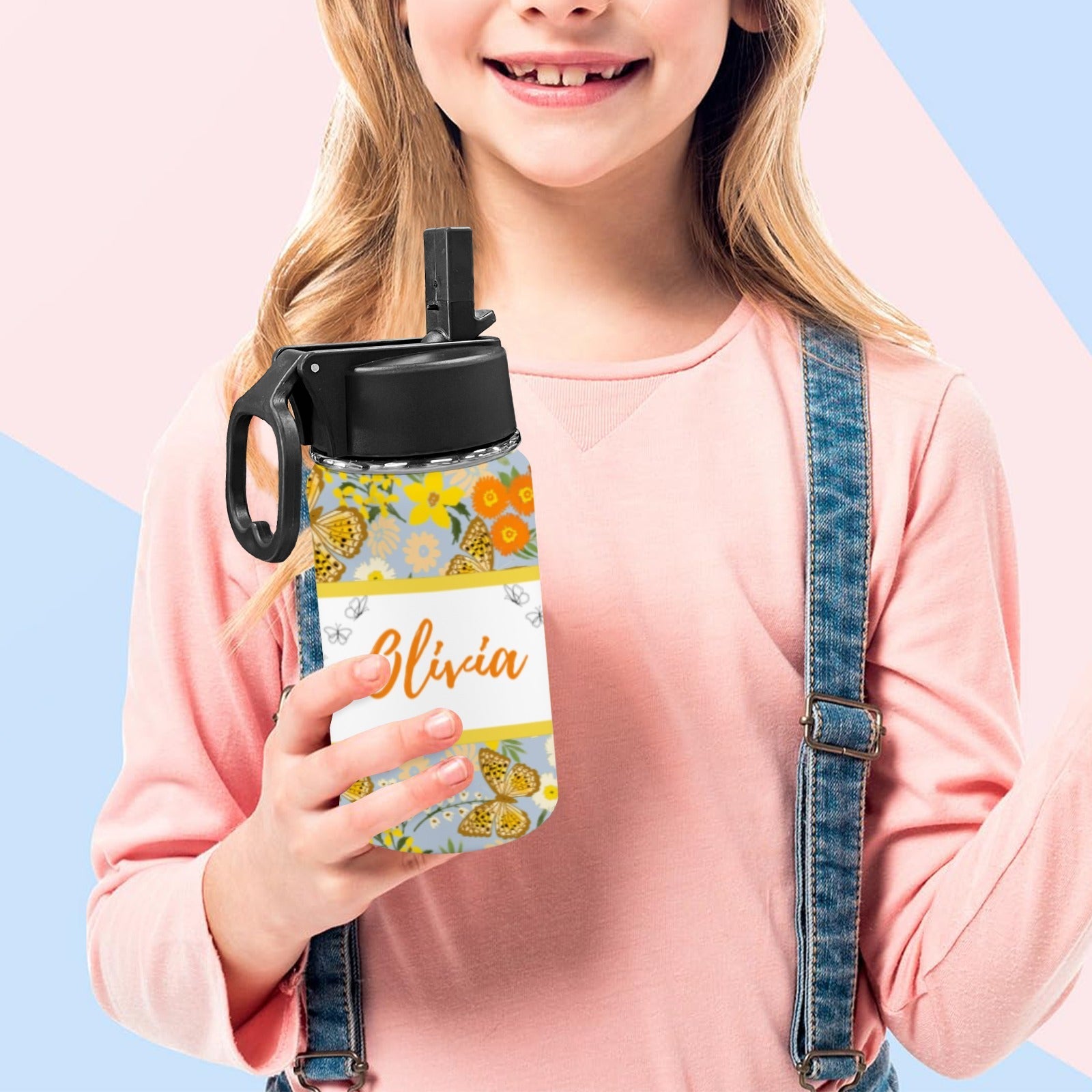 Personalised Stainless Steel Water Bottle with Handle, Straw &amp; Chug Spout - Unique Patterns I - Green Cheeks - Water Bottle