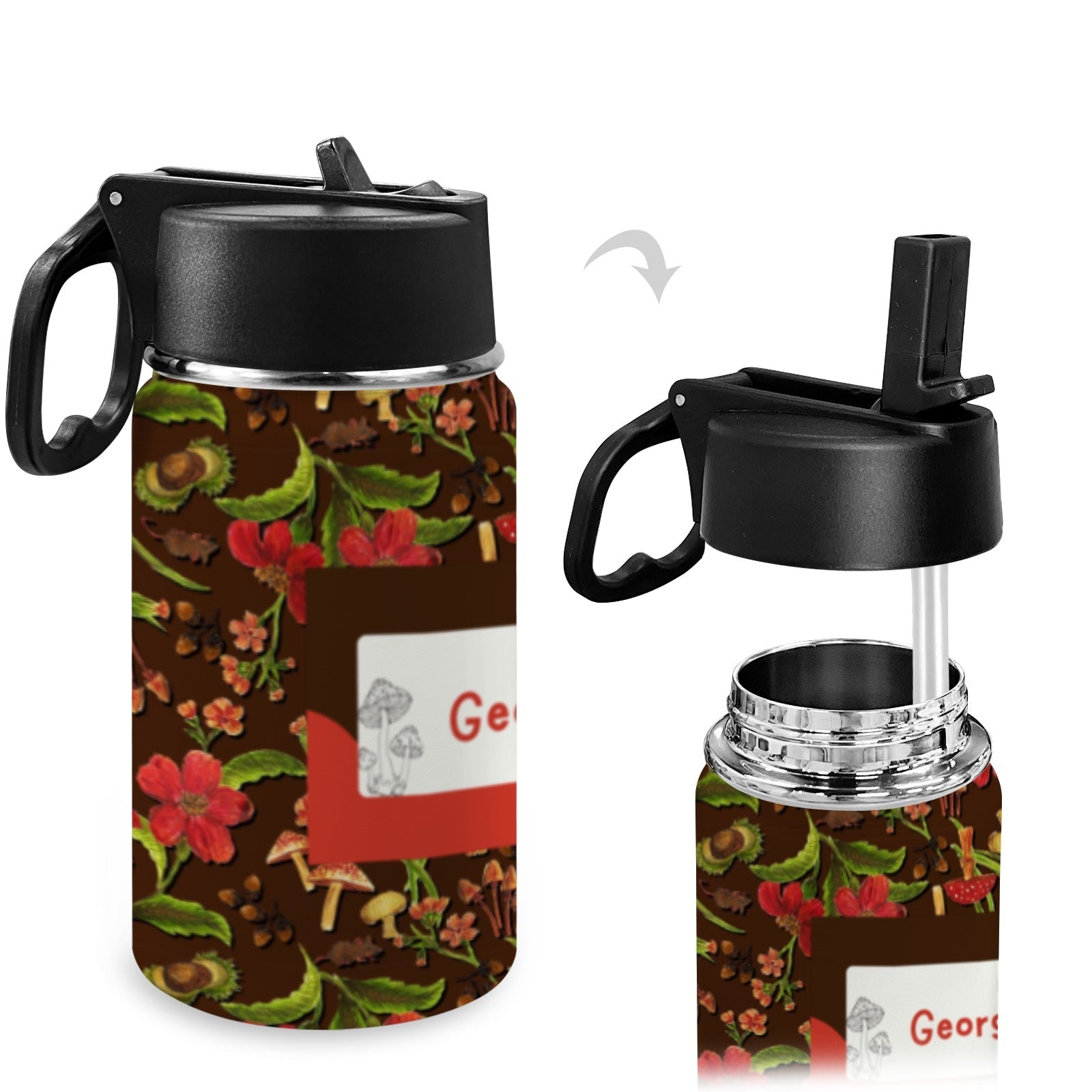 Personalised Stainless Steel Water Bottle with Handle, Straw &amp; Chug Spout - Unique Patterns I - Green Cheeks - Water Bottle