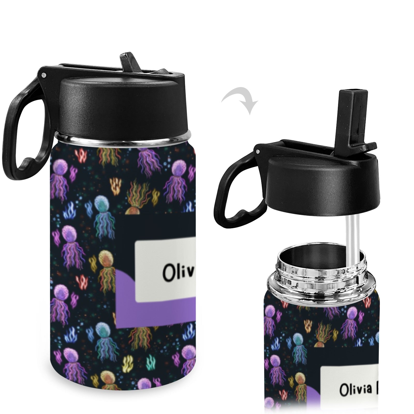 Personalised Stainless Steel Water Bottle with Handle, Straw &amp; Chug Spout - Unique Patterns I - Green Cheeks - Water Bottle