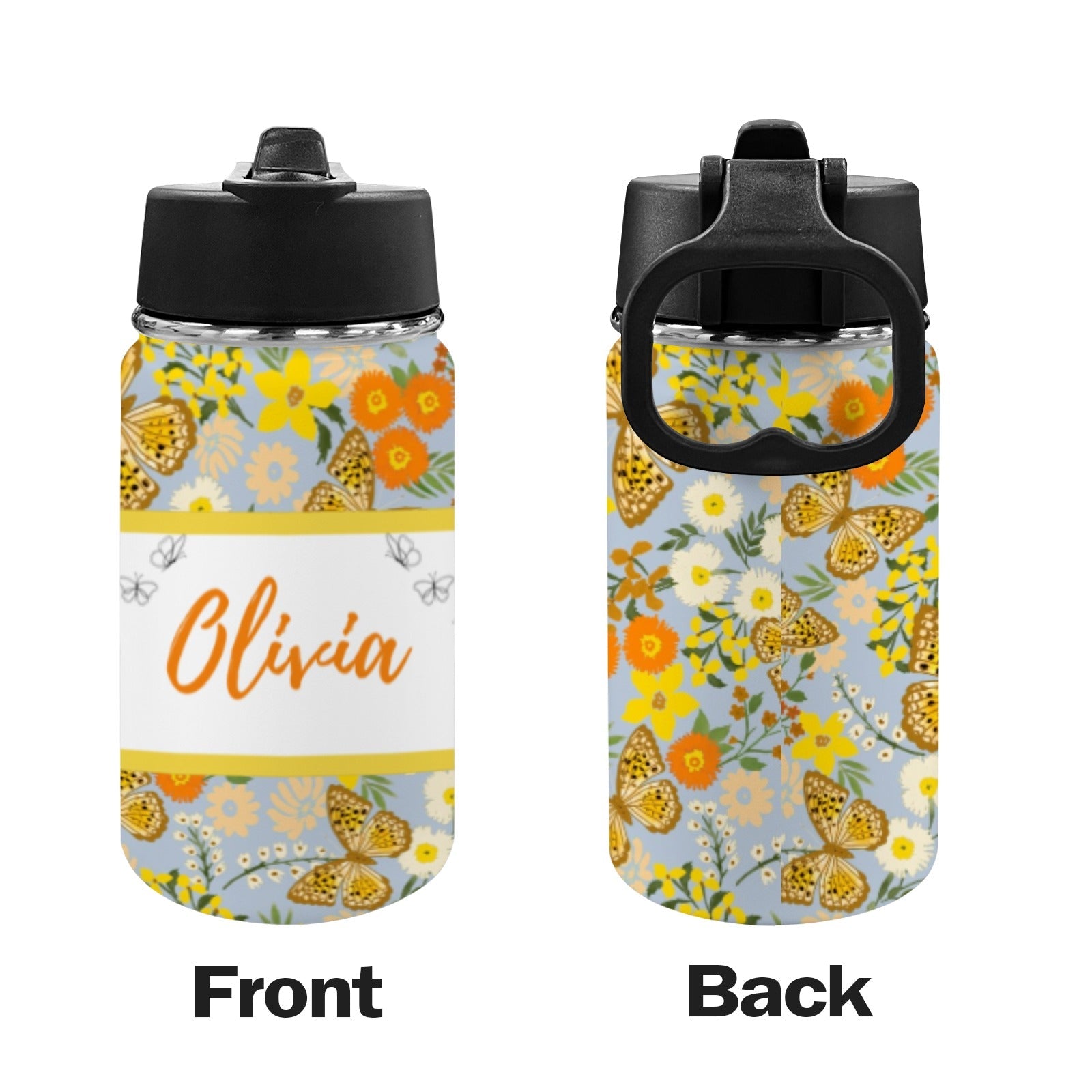 Personalised Stainless Steel Water Bottle with Handle, Straw &amp; Chug Spout - Unique Patterns I - Green Cheeks - Water Bottle