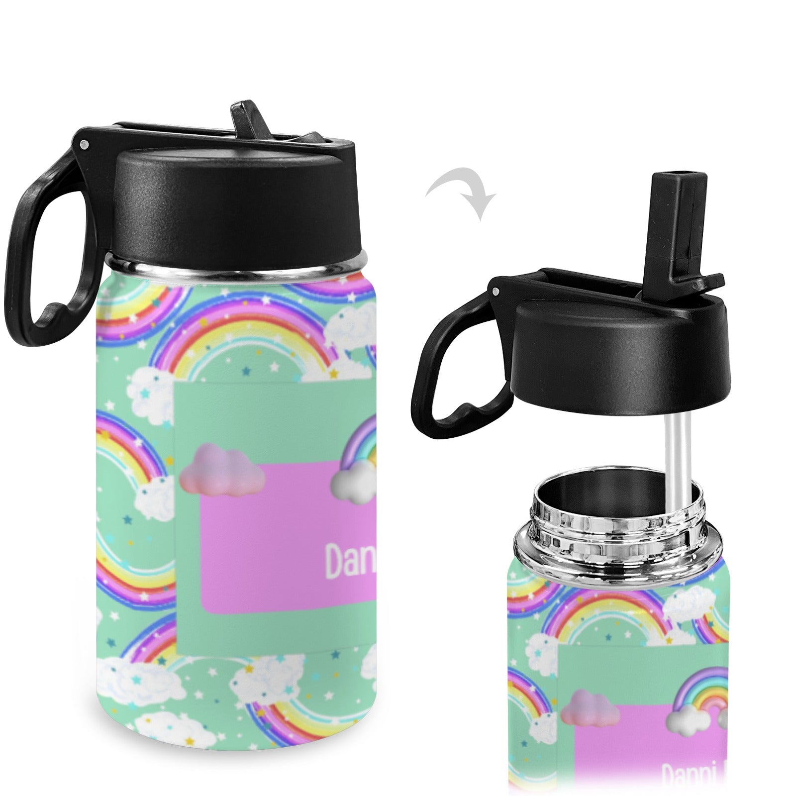 Personalised Stainless Steel Water Bottle with Handle, Straw &amp; Chug Spout - Unique Patterns I - Green Cheeks - Water Bottle