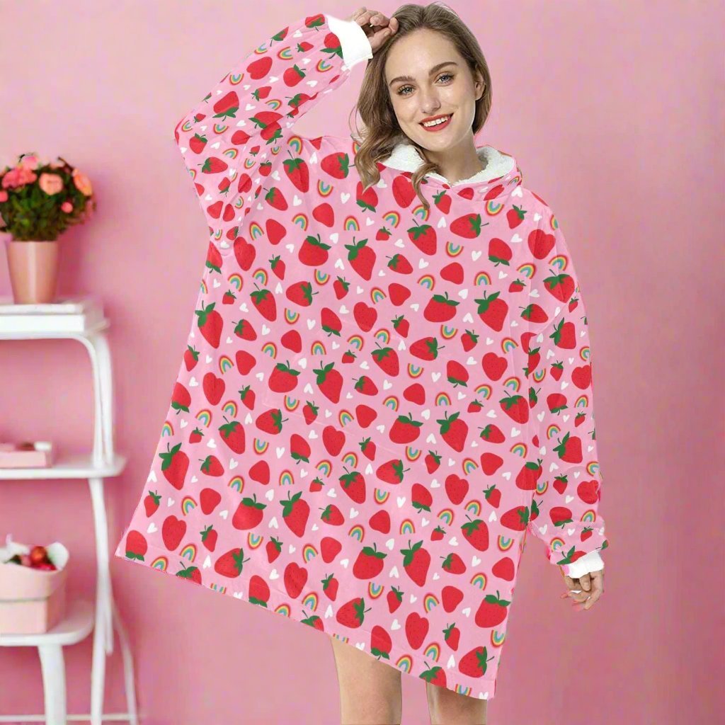 Pink Strawberry Fields - Hooded Blanket - Green Cheeks - Blanket