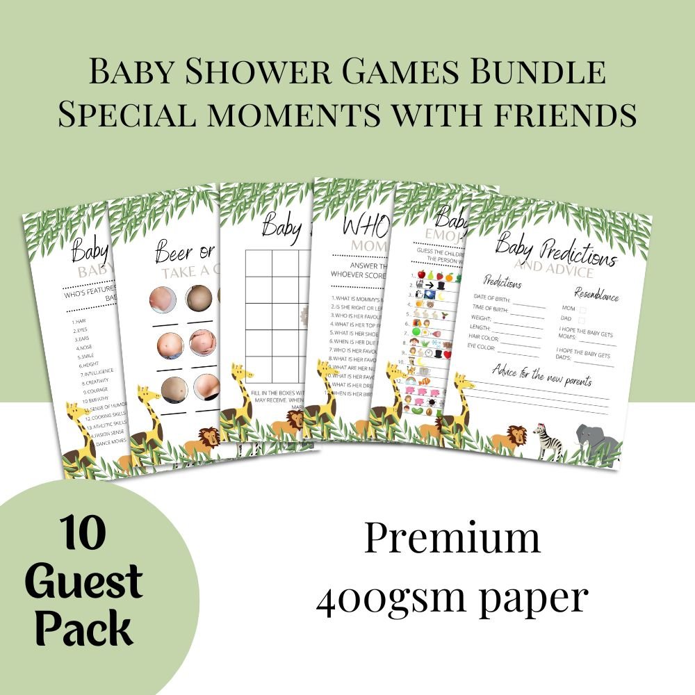 Safari Baby Shower Games | 6 Game Bundle - Green Cheeks - 
