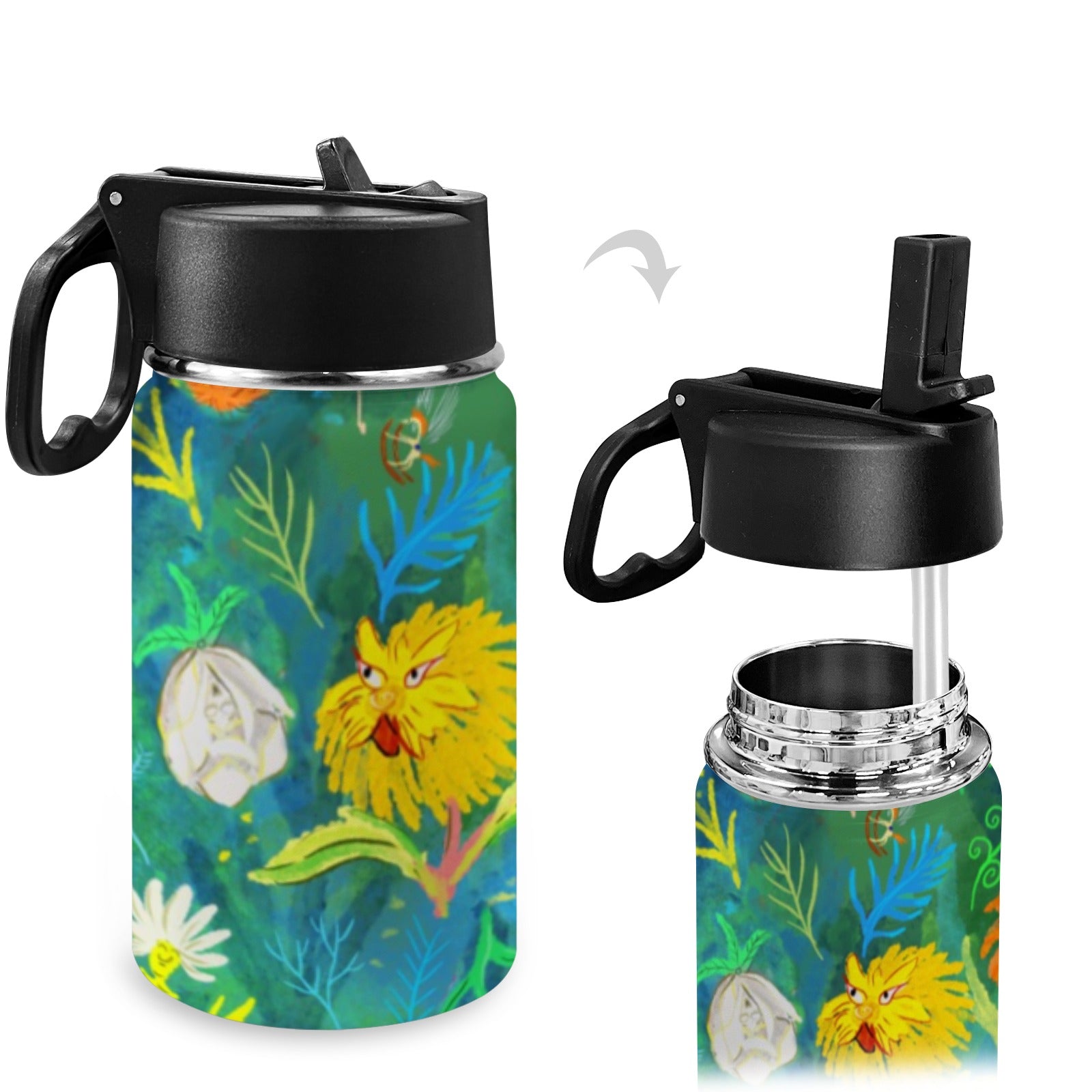 Stainless Steel Insulated Kids’ Water Bottle with Handle and Straw - Green Cheeks - Water Bottle