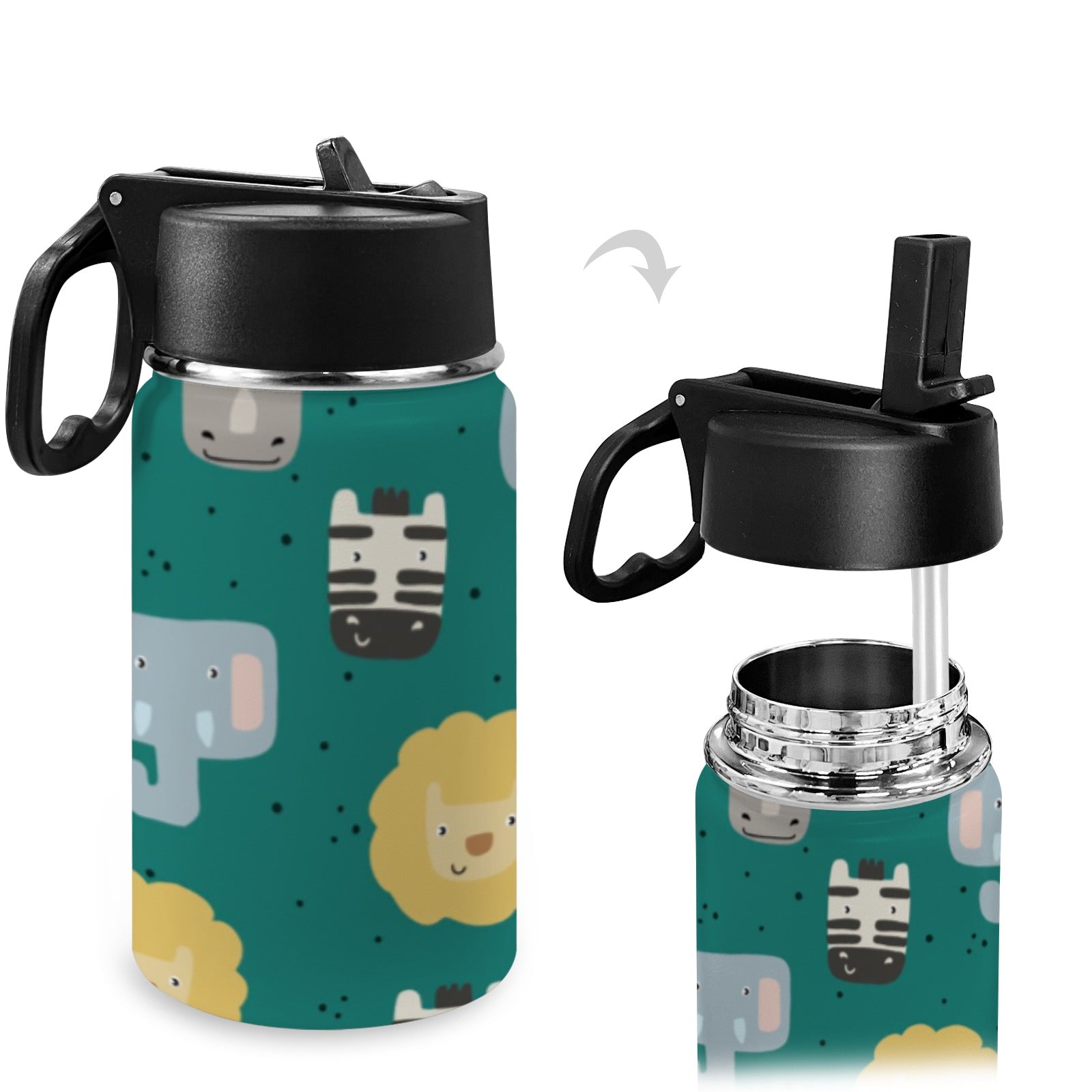 Stainless Steel Insulated Kids’ Water Bottle with Handle and Straw - Green Cheeks - Water Bottle