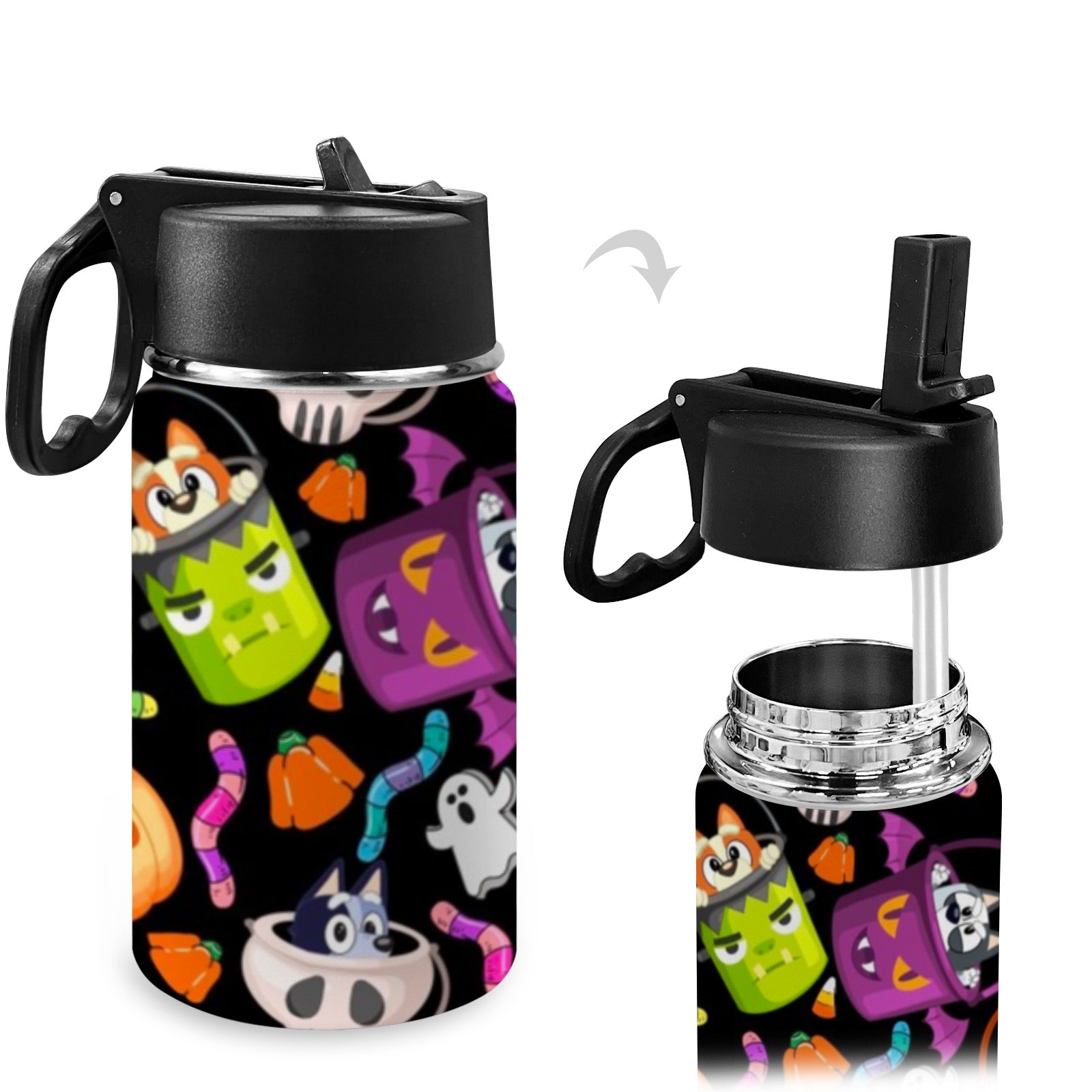 Stainless Steel Insulated Kids’ Water Bottle with Handle and Straw - Green Cheeks - Water Bottle