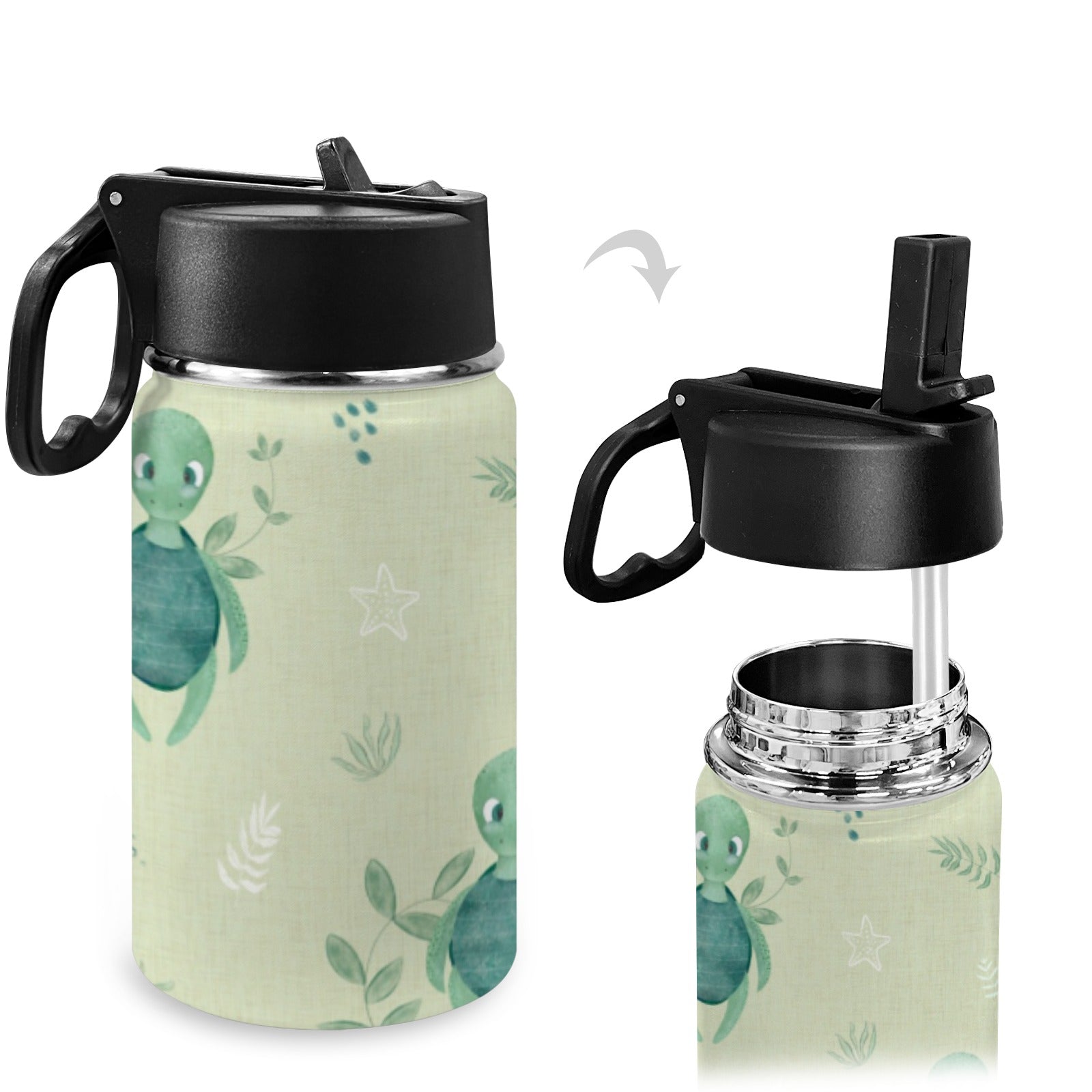 Stainless Steel Insulated Kids’ Water Bottle with Handle and Straw - Green Cheeks - Water Bottle
