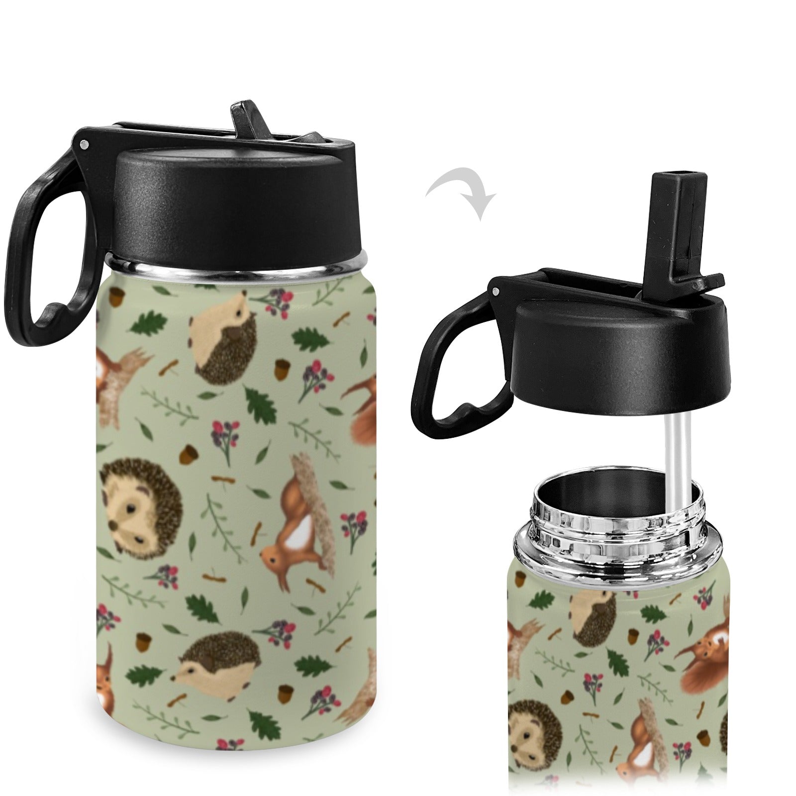 Stainless Steel Insulated Kids’ Water Bottle with Handle and Straw - Green Cheeks - Water Bottle