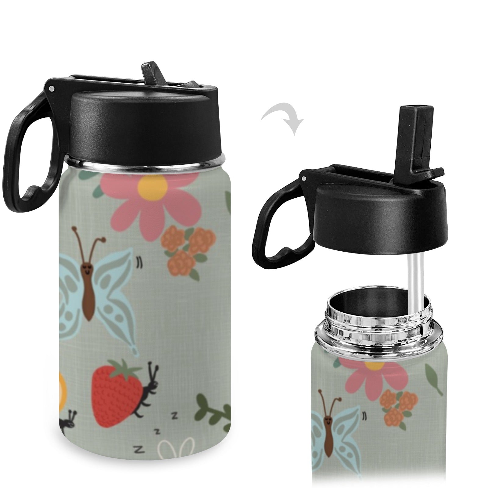 Stainless Steel Insulated Kids’ Water Bottle with Handle and Straw - Green Cheeks - Water Bottle