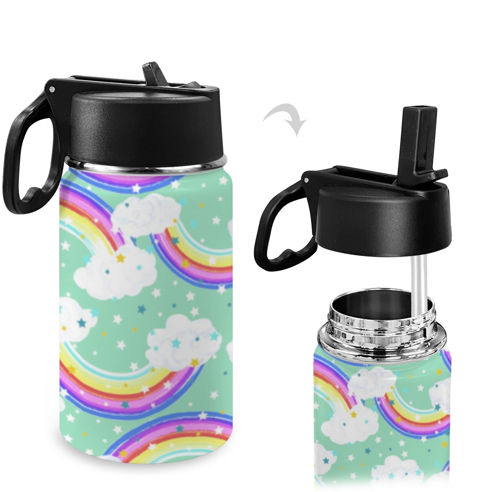 Stainless Steel Insulated Kids’ Water Bottle with Handle and Straw - Green Cheeks - Water Bottle