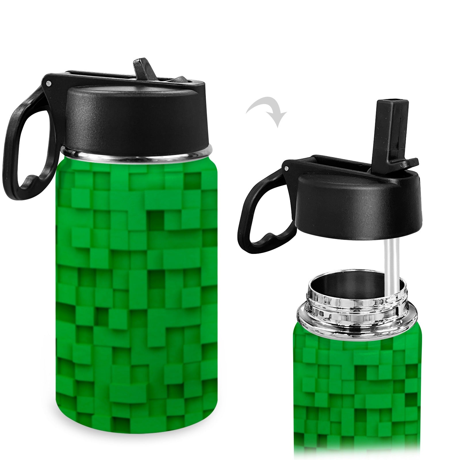Stainless Steel Insulated Kids’ Water Bottle with Handle and Straw - Green Cheeks - Water Bottle
