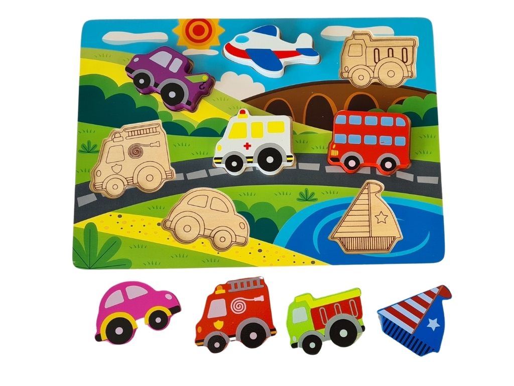 A close-up of the non-toxic, smooth-edged wooden puzzle pieces from the Chunky Wooden Transport Puzzle, showcasing their durability and safety for children