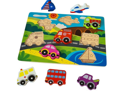 A close-up of the non-toxic, smooth-edged wooden puzzle pieces from the Chunky Wooden Transport Puzzle, showcasing their durability and safety for children