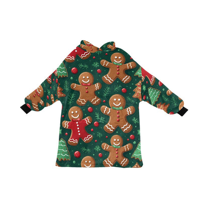Gingerbread Delight - Cosy Fleece Hooded Blanket - Green Cheeks - Blanket Hoodie for Men