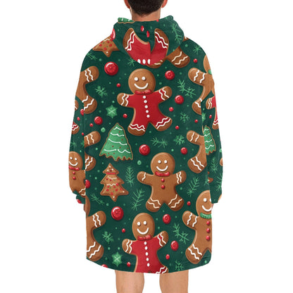 Gingerbread Delight - Cosy Fleece Hooded Blanket - Green Cheeks - Blanket Hoodie for Men