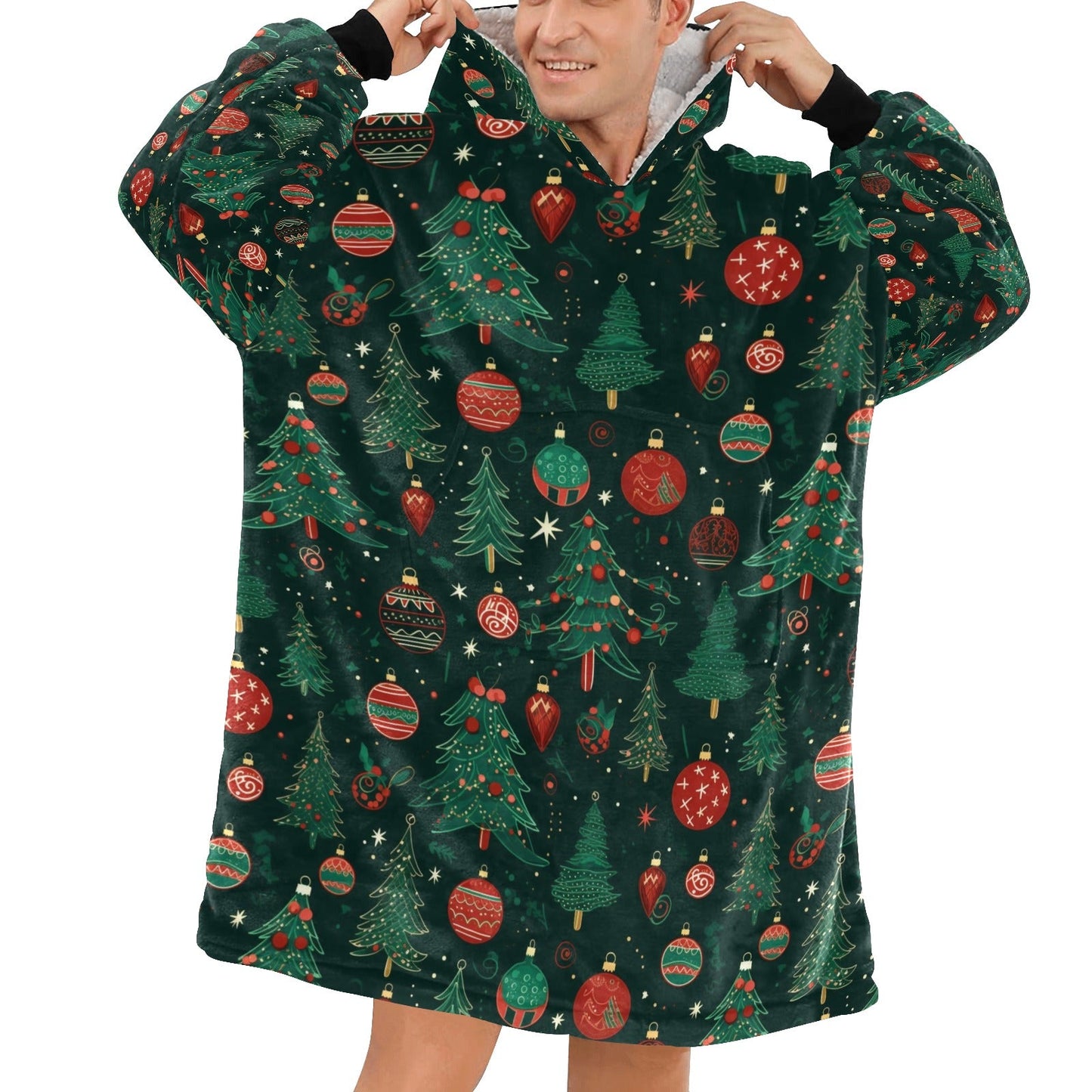 Traditional Christmas - Cosy Fleece Hooded Blanket - Green Cheeks - Blanket Hoodie for Men